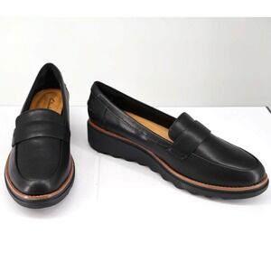 Clarks Sharon Gracie Black Soft Leather Loafer Wedge Comfort Shoe 7.5M